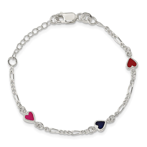 Sterling Silver Multi-color Enameled Hearts w/ 1in ext Children's Bracelet