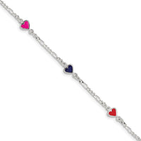 Sterling Silver Multi-color Enameled Hearts w/ 1in ext Children's Bracelet