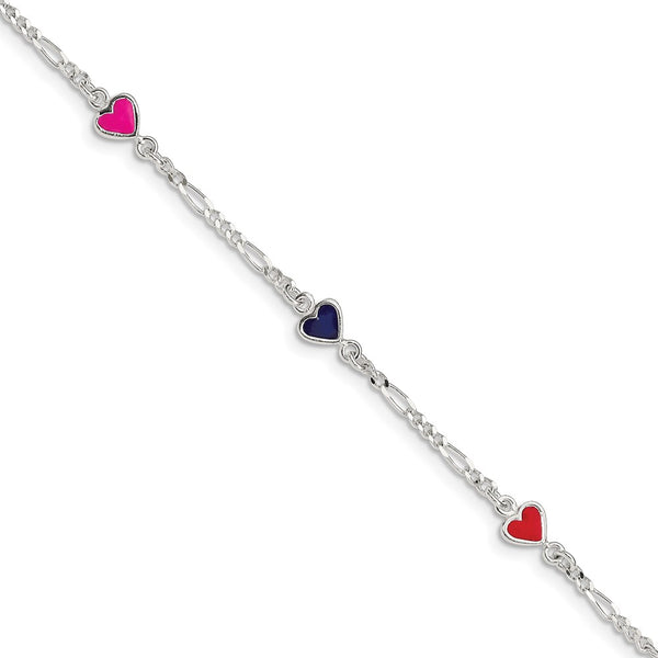 Sterling Silver Multi-color Enameled Hearts w/ 1in ext Children's Bracelet