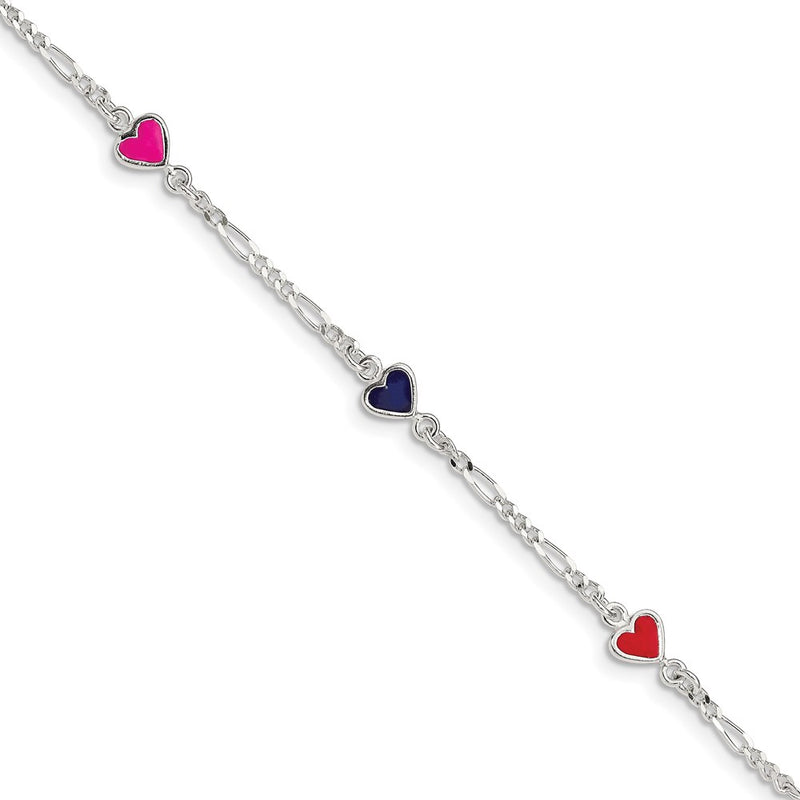 Sterling Silver Multi-color Enameled Hearts w/ 1in ext Children's Bracelet