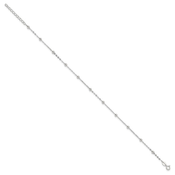 Sterling Silver 1mm Beaded Chain 10in Plus 1in ext. Anklet