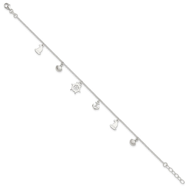Sterling Silver Polished Ocean Theme 10in Plus 1in Ext. Anklet