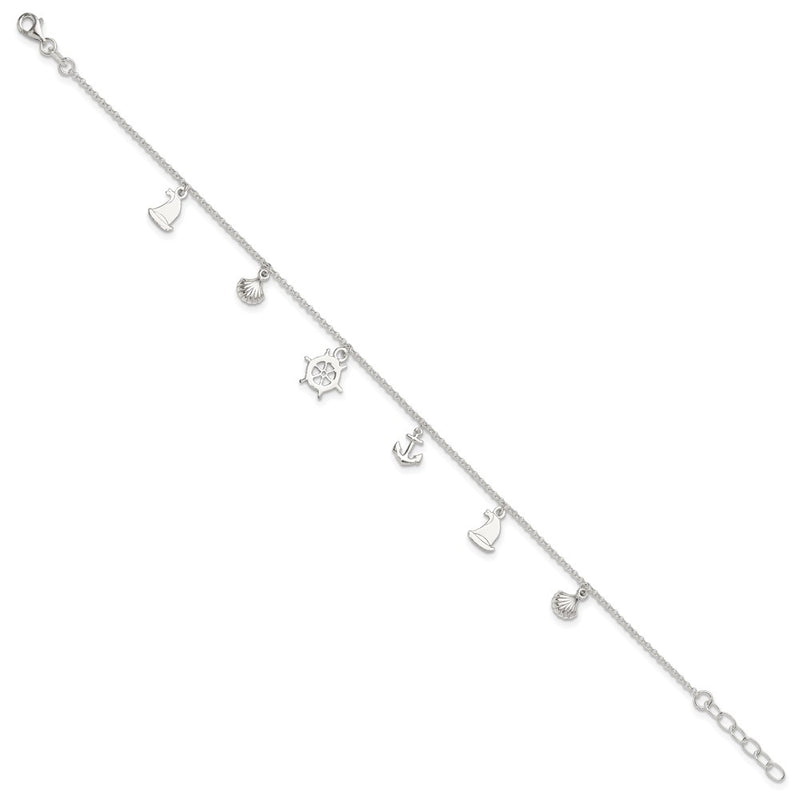 Sterling Silver Polished Ocean Theme 10in Plus 1in Ext. Anklet