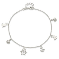 Sterling Silver Polished Ocean Theme 10in Plus 1in Ext. Anklet