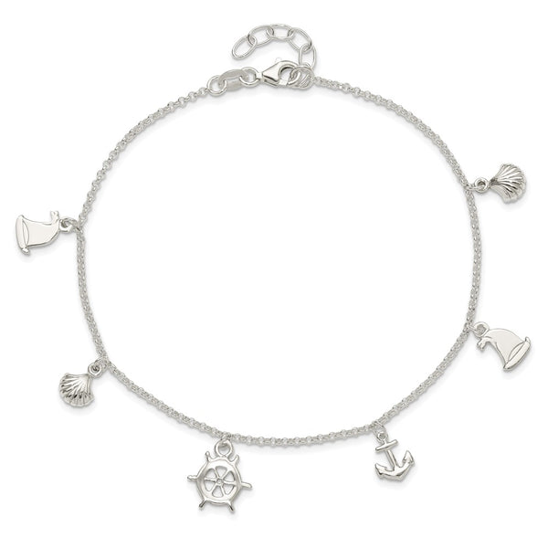 Sterling Silver Polished Ocean Theme 10in Plus 1in Ext. Anklet