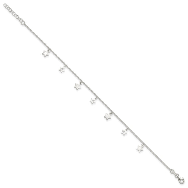 Sterling Silver Polished and Textured Star 9in Plus 1in Ext. Anklet