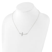 Sterling Silver Rhodium-plated CZ Sideways Cross w/2in Ext Necklace