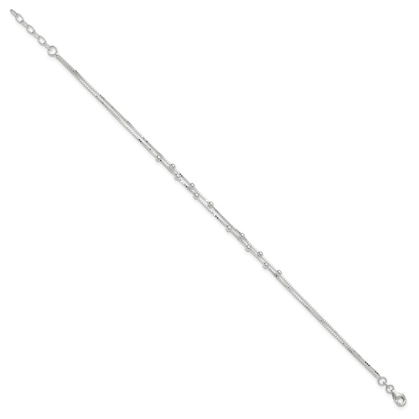 Sterling Silver Polished Beaded 2-strand 9 inch Plus 1 inch ext. Anklet