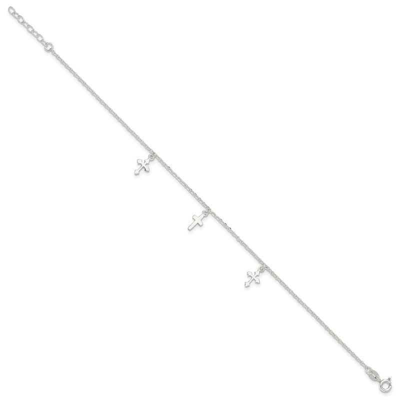 Sterling Silver Polished Cross Dangle 9in Plus 1in Ext Anklet