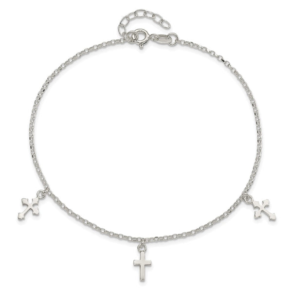 Sterling Silver Polished Cross Dangle 9in Plus 1in Ext Anklet