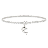 Sterling Silver 10inch Hollow Polished 3-D Dolphin Anklet