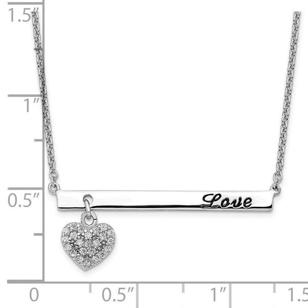 Sterling Silver Rhodium Plated CZ Heart w/ Antiqued LOVE Bar 16in Necklace