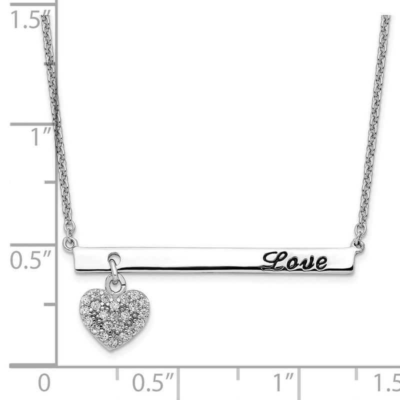 Sterling Silver Rhodium Plated CZ Heart w/ Antiqued LOVE Bar 16in Necklace