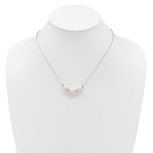 Sterling Silver Rhodium-plated CZ Bead/FWC Pearl w/ 2in ext. Necklace