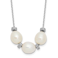 Sterling Silver Rhodium-plated CZ Bead/FWC Pearl w/ 2in ext. Necklace
