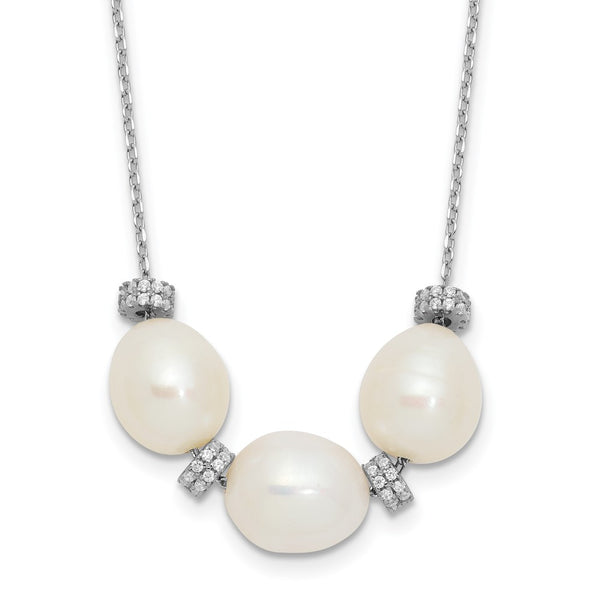 Sterling Silver Rhodium-plated CZ Bead/FWC Pearl w/ 2in ext. Necklace
