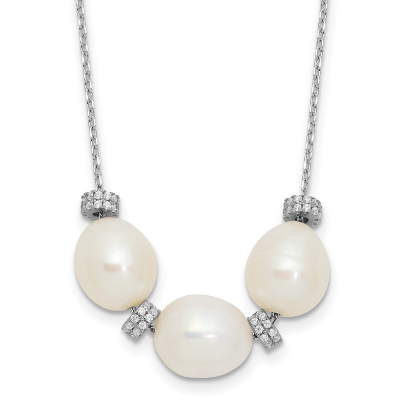 Sterling Silver Rhodium-plated CZ Bead/FWC Pearl w/ 2in ext. Necklace