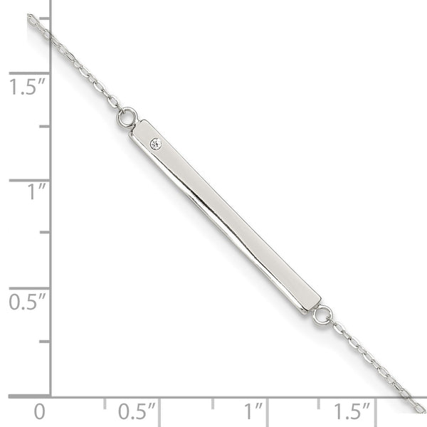 Sterling Silver Polished Crystal Bar 9in Plus 1in ext Anklet