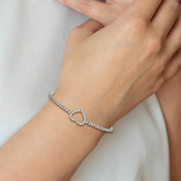 Sterling Silver Rhodium-plated CZ Heart Adjustable Bracelet