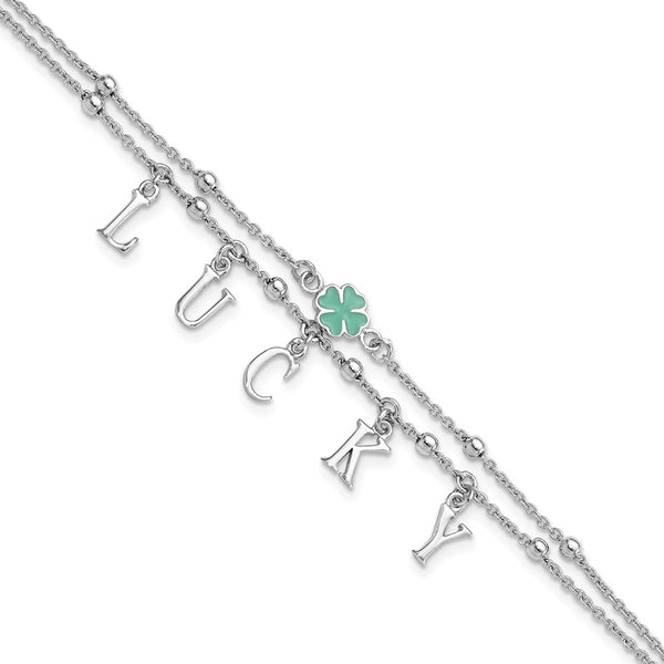 Sterling Silver Rhod-pltd Enamel Clover LUCKY 7.25in w/1in ext Bracelet