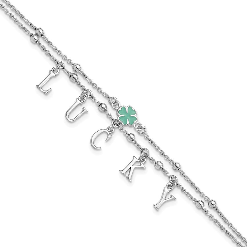 Sterling Silver Rhod-pltd Enamel Clover LUCKY 7.25in w/1in ext Bracelet
