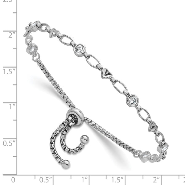 Sterling Silver Rhodium-plated Polished CZ and Heart Bolo Bracelet