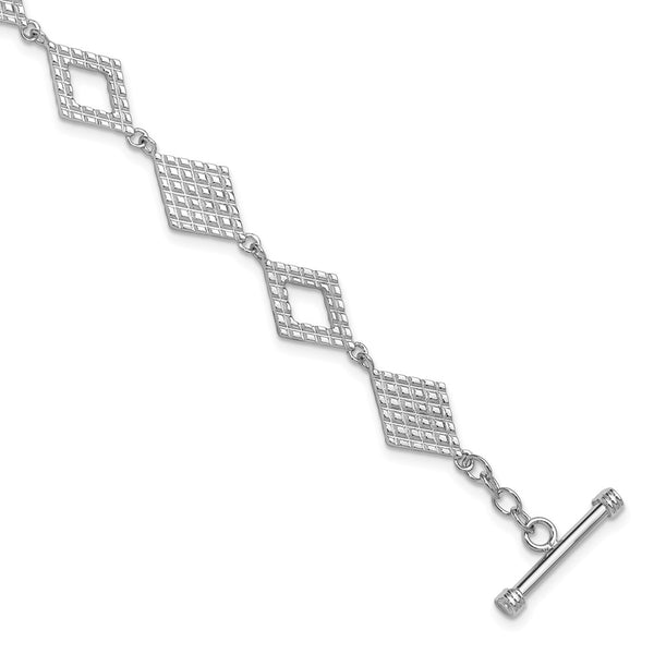 Sterling Silver Rh-plated Diamond Shape Textured 7.5in Toggle Bracelet