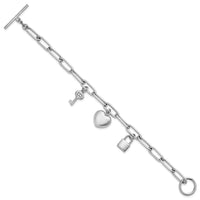 Sterling Silver RH-pl Heart Lock And Key CZ Paperclip 7.5in Bracelet