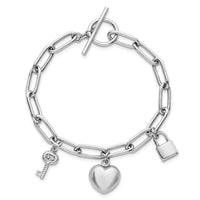 Sterling Silver RH-pl Heart Lock And Key CZ Paperclip 7.5in Bracelet