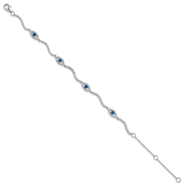 SS RH-plated Polished Lab Cr. Spinel CZ Evil Eye 6in w/2in Ext Bracelet