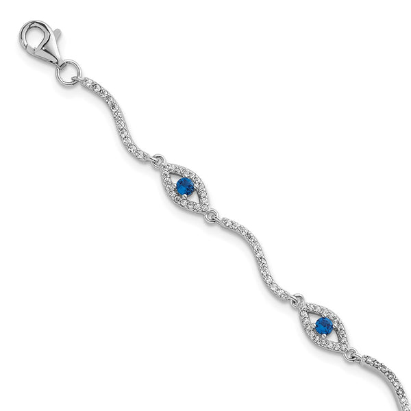 SS RH-plated Polished Lab Cr. Spinel CZ Evil Eye 6in w/2in Ext Bracelet