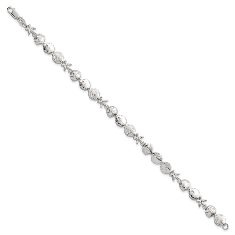Sterling Silver Polished Textured Starfish and Sea Shell 7.25in Bracelet