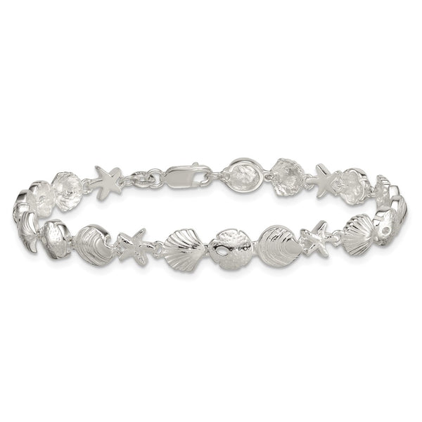 Sterling Silver Polished Textured Starfish and Sea Shell 7.25in Bracelet