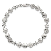 Sterling Silver Polished Textured Starfish and Sea Shell 7.25in Bracelet