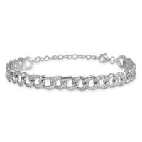 SS RH-plated Polished CZ 8mm Curb Link 7in w/ 1.5in Ext Bracelet