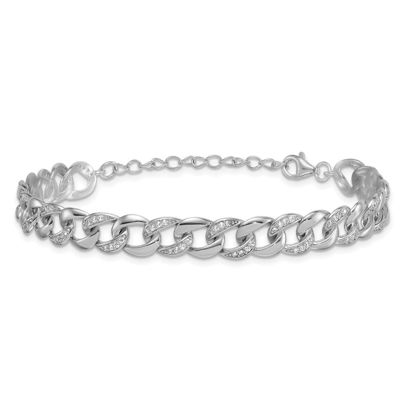 SS RH-plated Polished CZ 8mm Curb Link 7in w/ 1.5in Ext Bracelet
