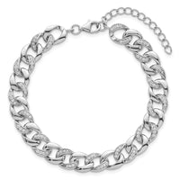 SS RH-plated Polished CZ 8mm Curb Link 7in w/ 1.5in Ext Bracelet