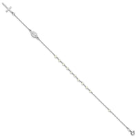 Sterling Silver RH-plated FWC Pearl Cross Rosary Themed 10in Anklet