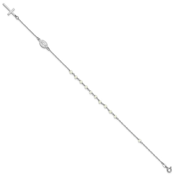 Sterling Silver RH-plated FWC Pearl Cross Rosary Themed 10in Anklet