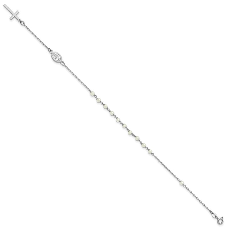 Sterling Silver RH-plated FWC Pearl Cross Rosary Themed 10in Anklet