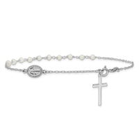 Sterling Silver RH-plated FWC Pearl Cross Rosary Themed 10in Anklet