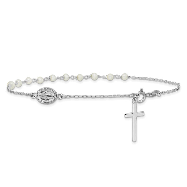 Sterling Silver RH-plated FWC Pearl Cross Rosary Themed 10in Anklet