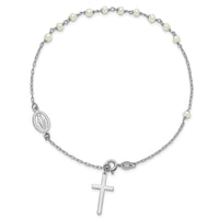 Sterling Silver RH-plated FWC Pearl Cross Rosary Themed 10in Anklet