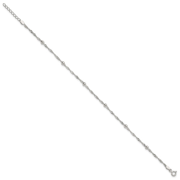 Sterling Silver Polished and Beaded Fancy Link 9in Plus 1in Ext Anklet