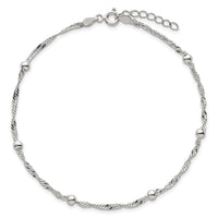Sterling Silver Polished and Beaded Fancy Link 9in Plus 1in Ext Anklet