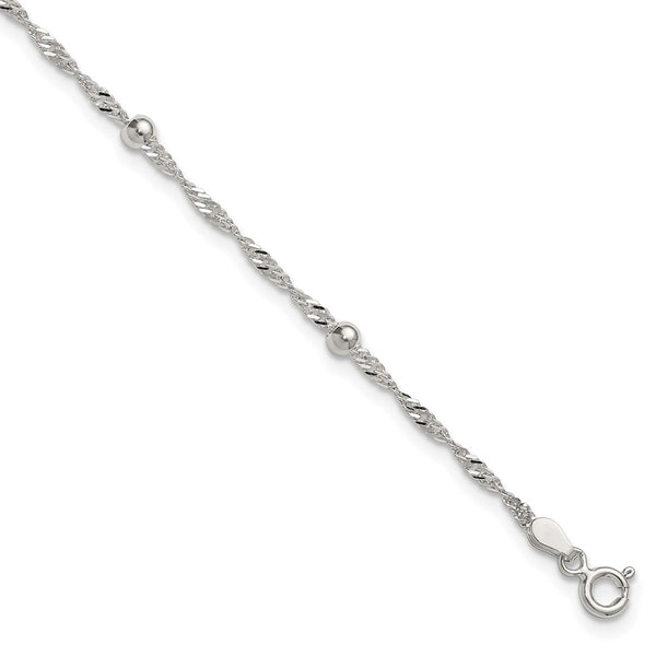Sterling Silver Polished and Beaded Fancy Link 9in Plus 1in Ext Anklet