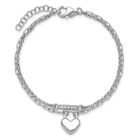 Sterling Silver Rhodium-plated CZ Puff Heart 7 w/1in ext 2-strand Bracelet