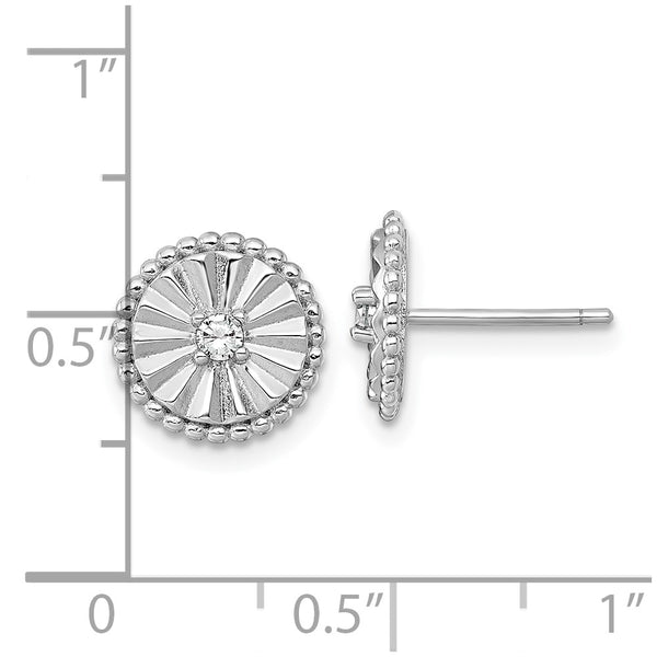 Sterling Silver RH-plated Polished and Textured CZ Circle Post Earrings