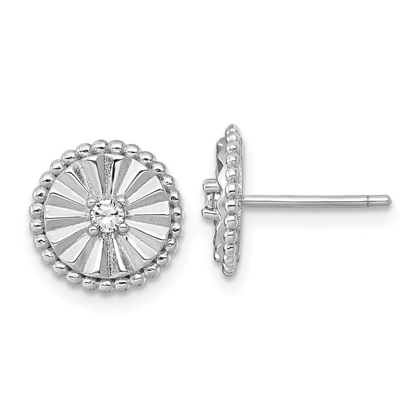 Sterling Silver RH-plated Polished and Textured CZ Circle Post Earrings