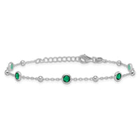 Sterling Silver RH-plated Beaded Green CZ 7in w/1in Ext Bracelet